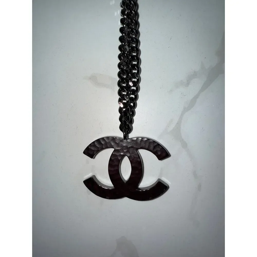 Chanel Black CC Logo Pendant Necklace with Crystal Accents Chain Jewelry